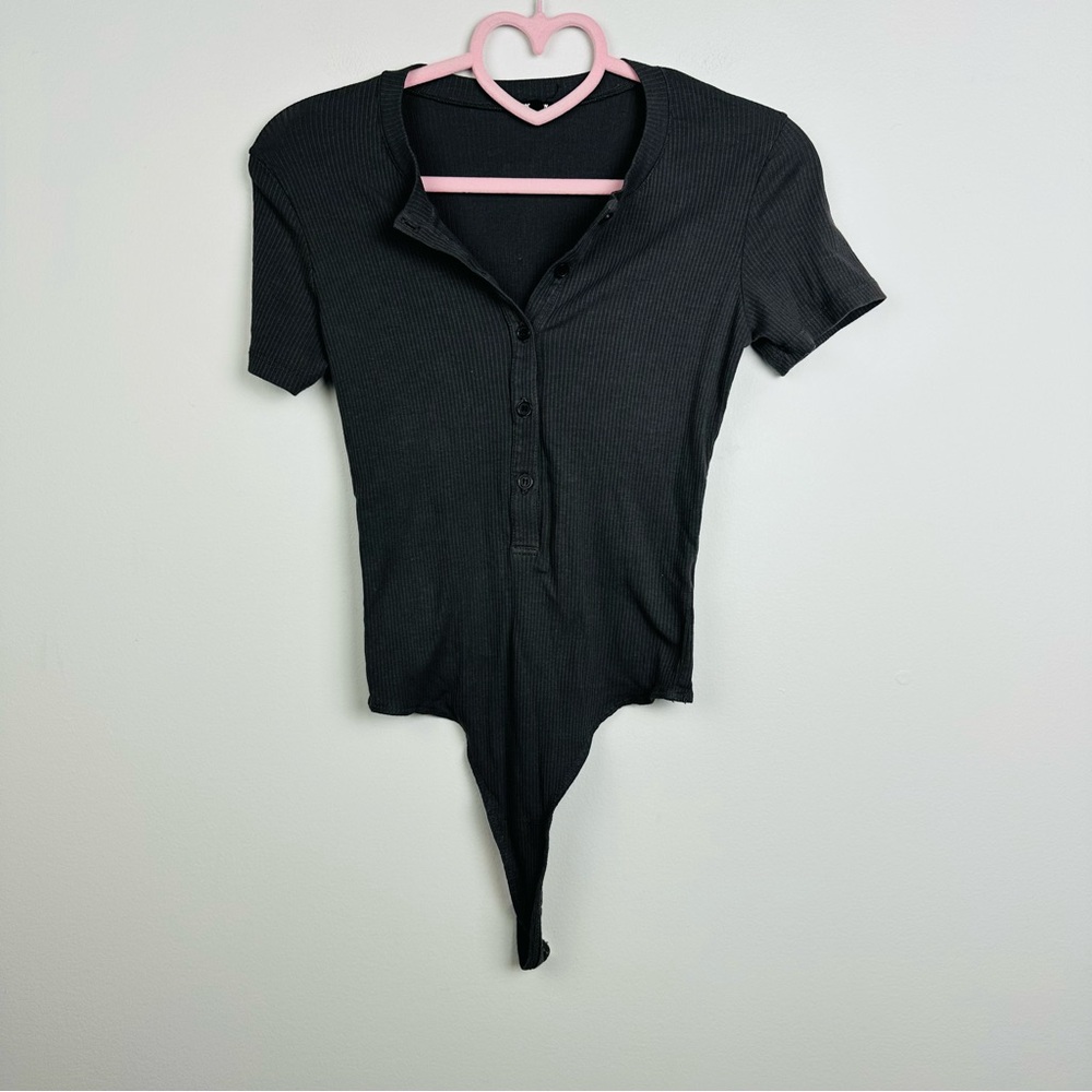 Monrow Dark Grey Casual Button Down Thong pull up Bodysuit Size Small